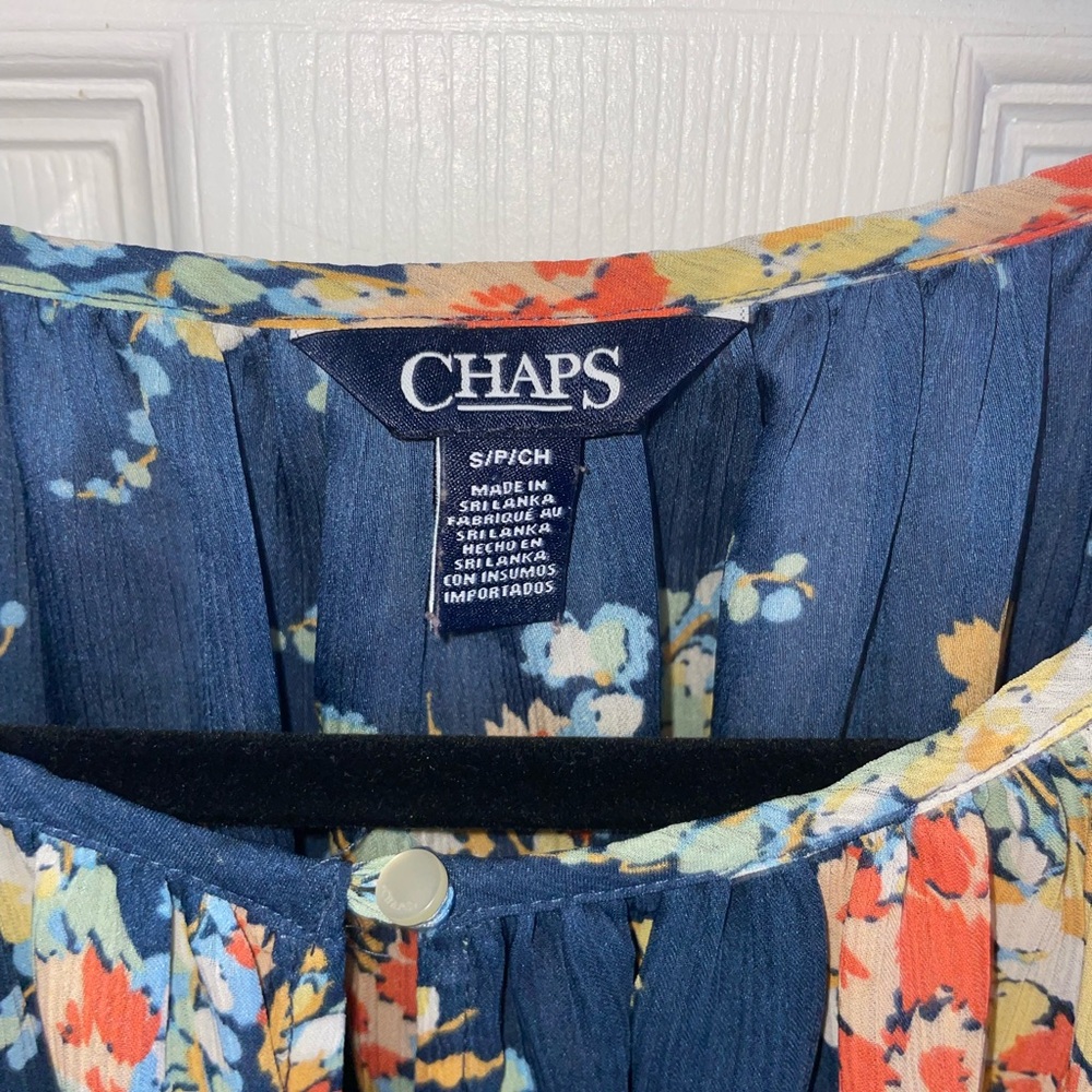 Chaps Navy Floral 3/4 Length Ruffle Sleeve Blouse - Picture 2 of 3